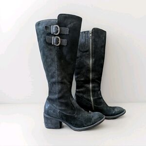 Born Womens‎ Basil Boots 6M Suede Leather Riding Black Western Lined Buckle Zip